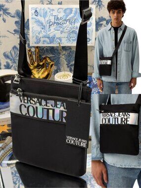 🆕 VERSACE JEANS COUTURE 🧿 NWT Logo Crossbody Bag, Black & Silver *SMALL FLAW*